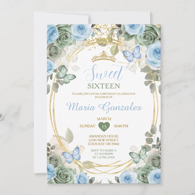 Convite Dusty Blue & Green Floral Butterfly Sweet Sixteen (Frente)