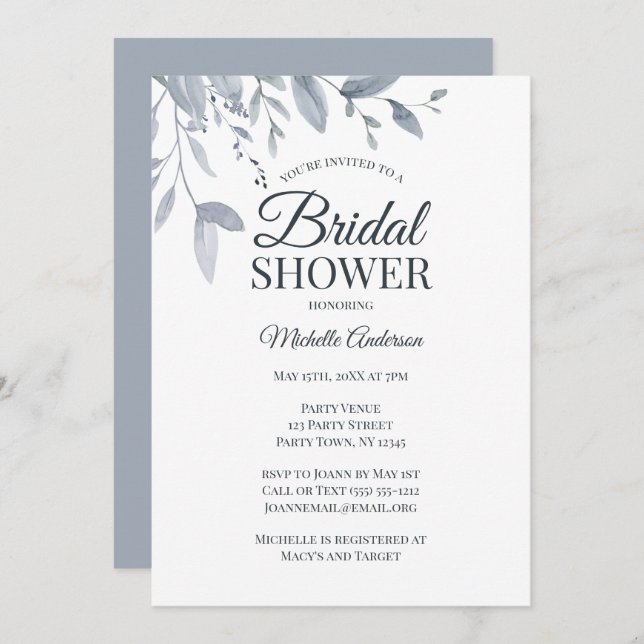 Convite Dusty Blue Greenery Chá de panela de Aquarela (Frente/Verso)