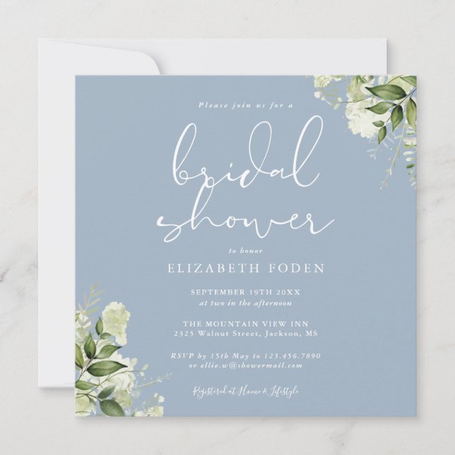 Convite Dusty Blue Greenery Chá de panela Floral (Frente)