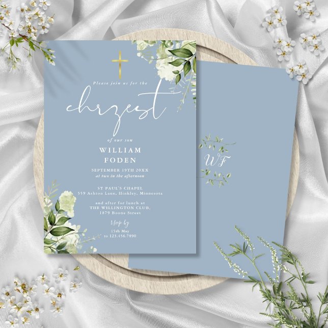 Convite Dusty Blue Greenery Floral Chrzest Batismo (Dusty Blue Greenery Floral Chrzest Baptism Invitation)