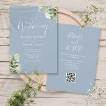 Convite Dusty Blue Greenery Floral Código QR Casamento<br><div class="desc">Este elegante e empoeirado verde botânico azul deixa o convite para casamento pode ser personalizado com suas informações em tipografia química com seus detalhes do site de casamento e seu código QR no verso. Projetado por Thisnotme©</div>