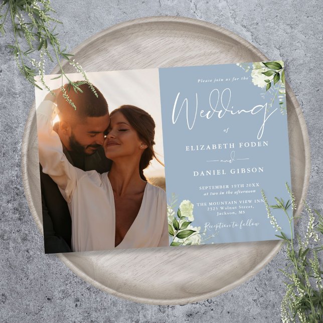 Convite Dusty Blue Greenery Foto Floral Casamento (Dusty Blue Greenery Floral Photo Wedding Invitation)