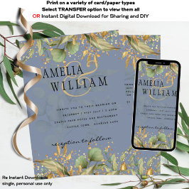 Convite Dusty Blue Greenery Impresso e Casamento Digital