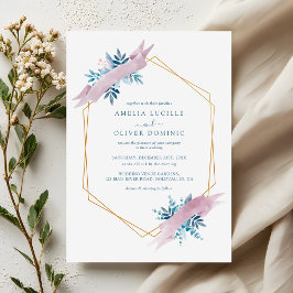 Convite Dusty Blue Greenery Modern Gold Geometric Wedding