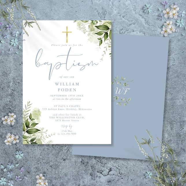 Convite Dusty Blue Greenery Monograma Floral Batismo (Dusty Blue Greenery Floral Monogram Baptism Invitation)
