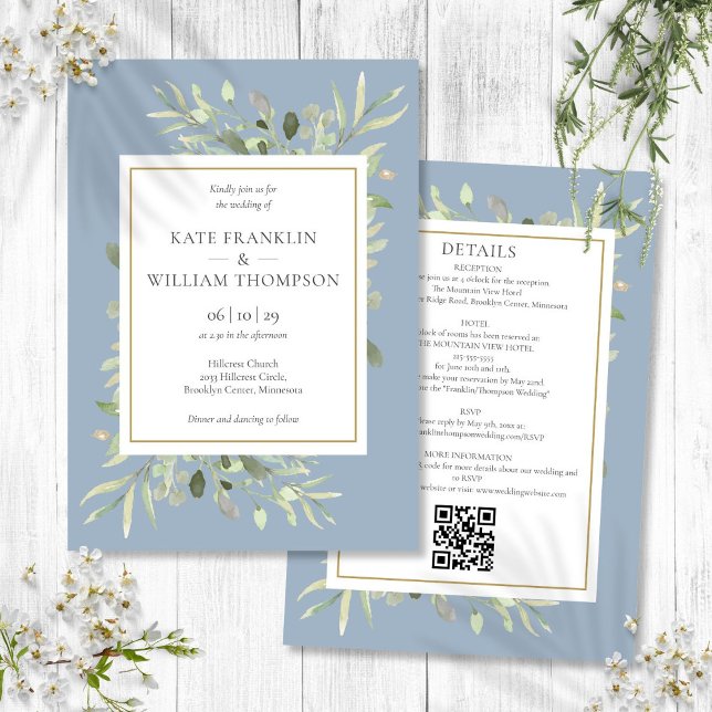 Convite Dusty Blue Greenery Tudo em um Casamento de Código (Dusty Blue Greenery All In One QR Code Wedding Invitation)