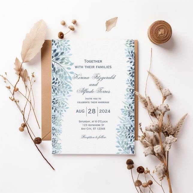 Convite Dusty Blue Greenery Wedding Invitation  (Criador carregado)