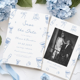 Convite Dusty Blue Hand Drawn Casamento Salve a data Foto