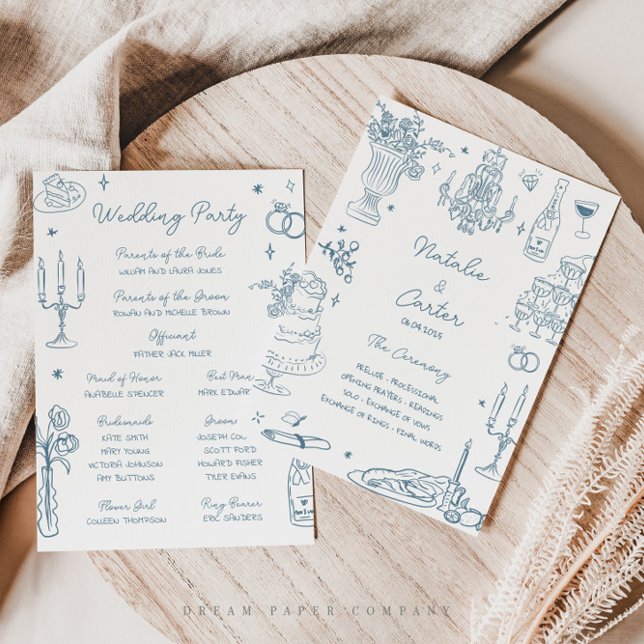Convite Dusty Blue Hand Drawn Whimsical Weding Program (Criador carregado)