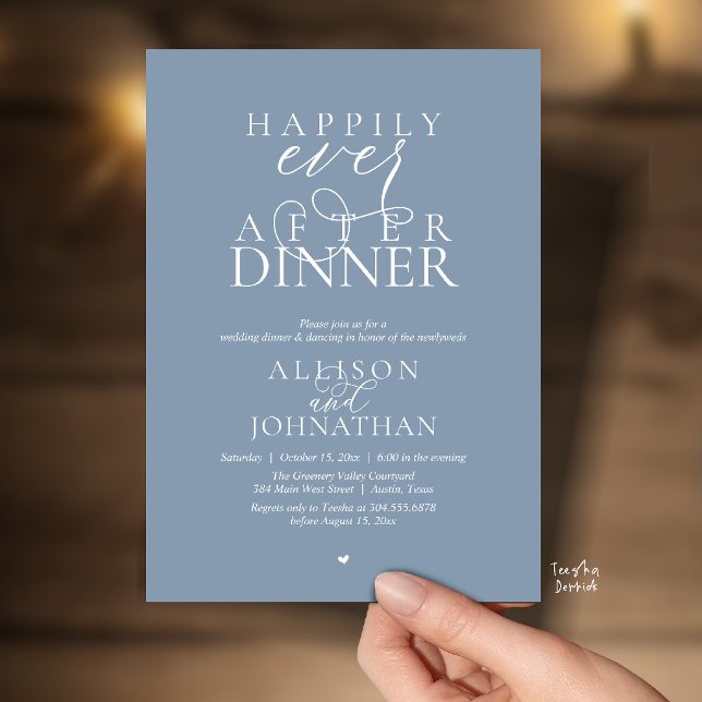 Convite Dusty Blue Happily Ever After Dinner Wedding (Dusty Blue Happily Ever After Dinner Modern Script Wedding Invitation Card)