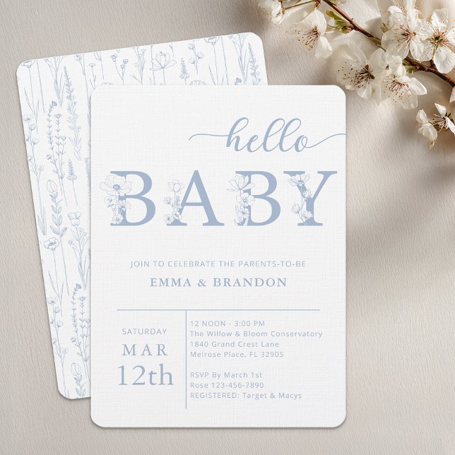 Convite Dusty Blue Hello Baby Wildflower Invitation (Baby Shower Invite)