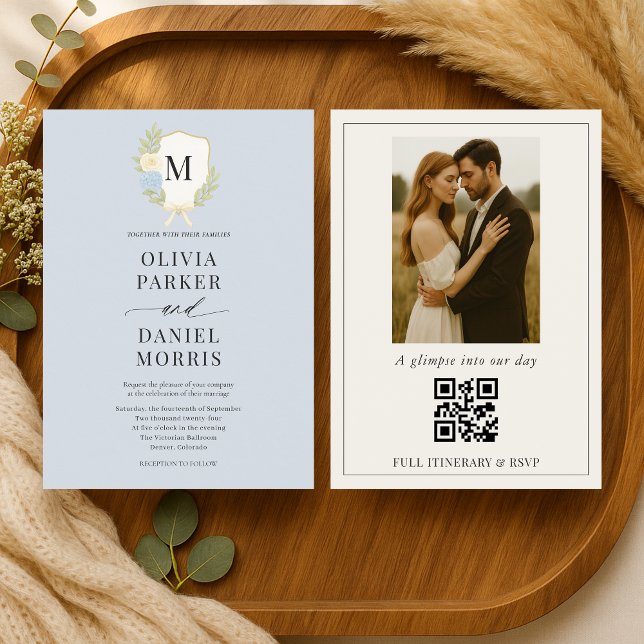 Convite Dusty Blue Hydrangea Crest Monogram Photo Wedding (Criador carregado)