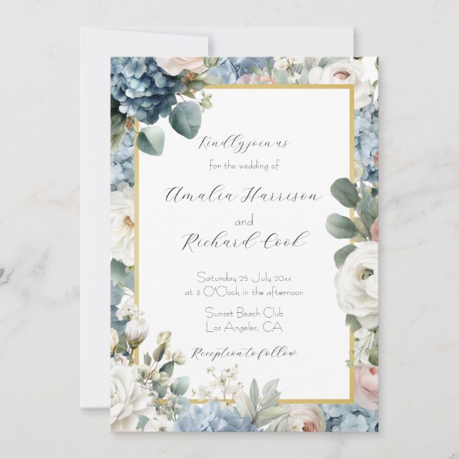 Convite Dusty Blue Hydrangea Floral Wedding  (Frente)