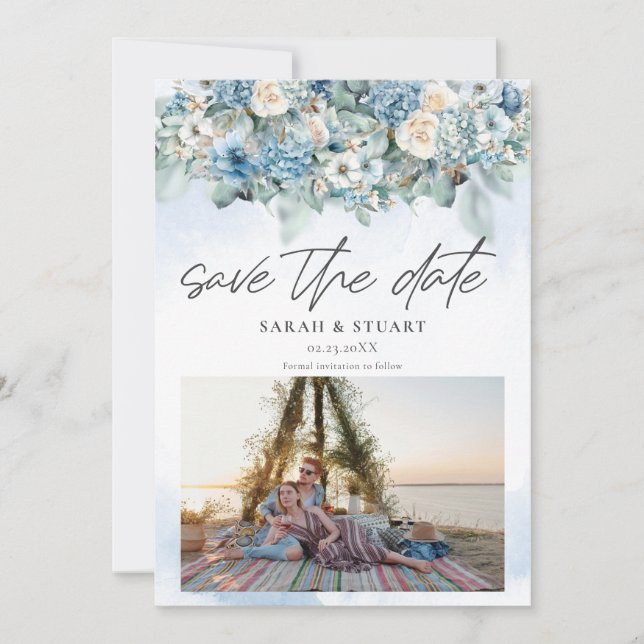 Convite Dusty Blue Hydrangea Fotografia Código QR Salvar D (Frente)