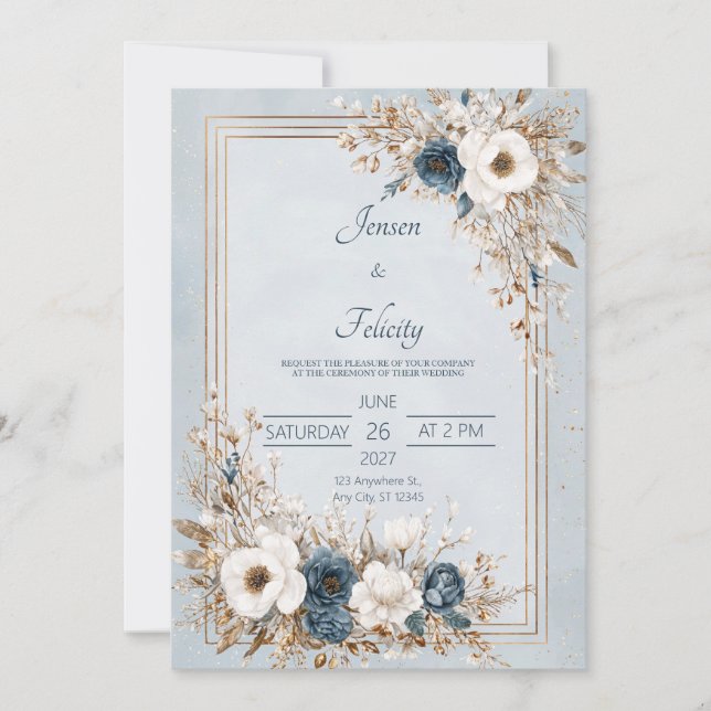 Convite Dusty Blue & Ivory Floral Dourado Casamento (Frente)