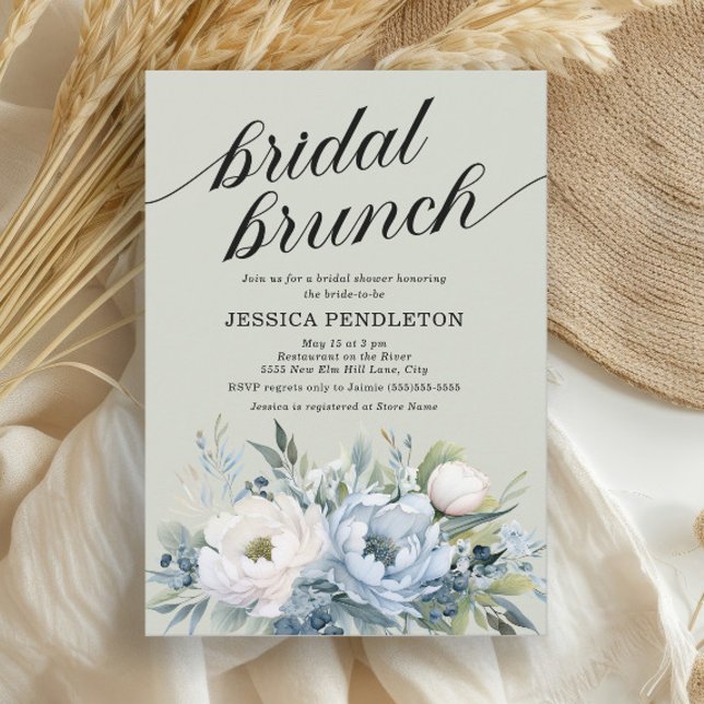 Convite Dusty Blue Ivory Floral Sage Green Bridal Brunch (Dusty blue and white watercolor floral bridal brunch/shower invitation)