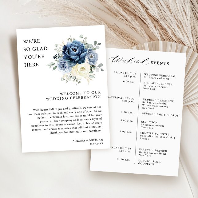 Convite Dusty Blue Ivory Floral Weekend Programa de Evento (Dusty Blue Ivory Floral Weekend Events Program card)