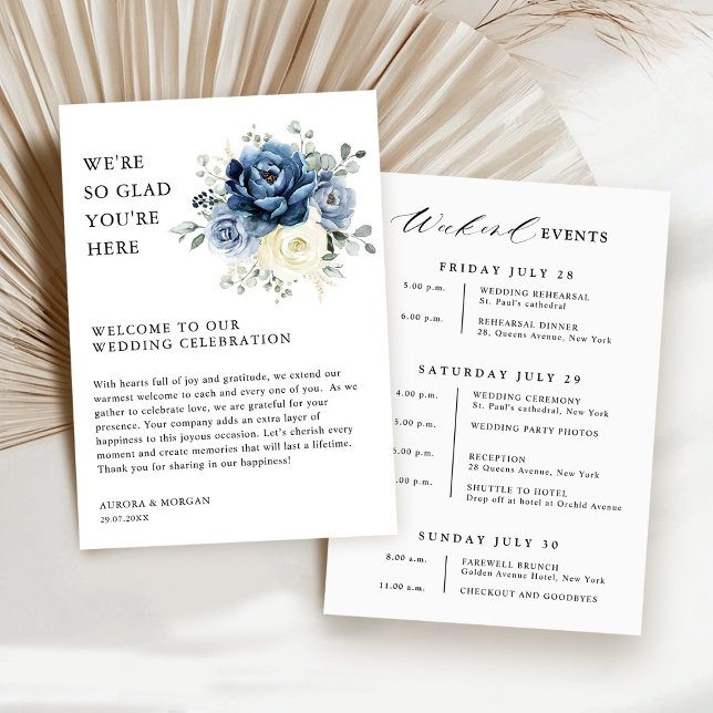 Convite Dusty Blue Ivory Floral Weekend Programa de Evento (Dusty Blue Ivory Floral Weekend Events Budget  Wedding Program card)