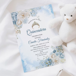 Convite Dusty Blue Ivory Rosa Flores Quinceanera Aniversár