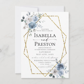 Convite Dusty Blue Ivory White Dourado Casamento Floral Co