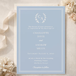 Convite Dusty blue ivory wreath monogram simple wedding
