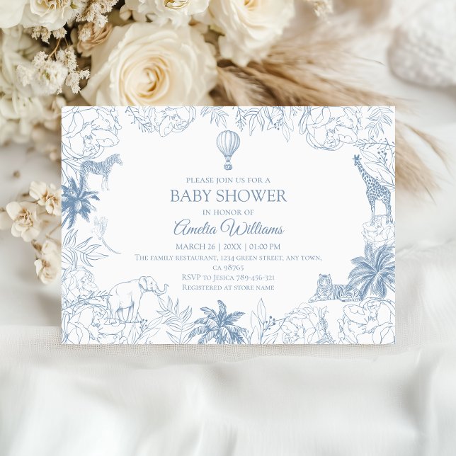 Convite Dusty Blue Jungle Safari Animals Baby Shower (Criador carregado)