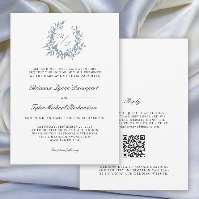 Convite Dusty Blue Leafy Crest Monograma Casamento (Available as both printed and paperless digital download!)