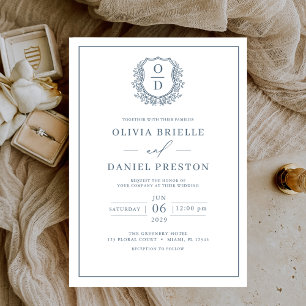 Convite Dusty Blue Leafy Crest Monograma Casamento elegant