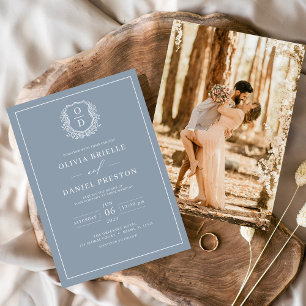 Convite Dusty Blue Leafy Crest Monograma Foto Casamento
