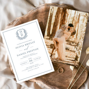 Convite Dusty Blue Leafy Crest Monograma Foto Casamento
