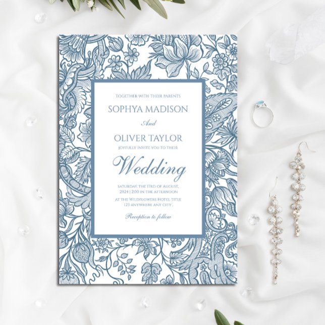 Convite Dusty Blue Line Art Selvagens Floral (Criador carregado)