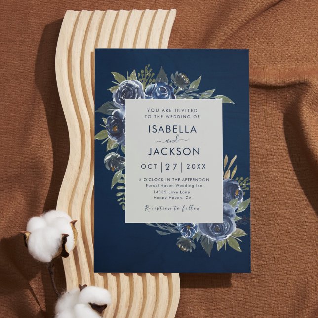 Convite Dusty Blue Marinho Champagne Casamento de Marfim (Criador carregado)