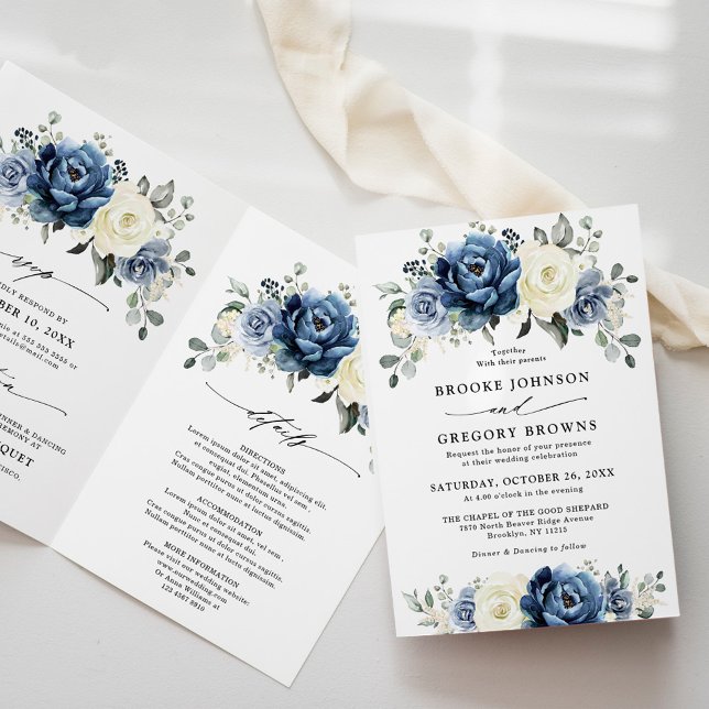 Convite Dusty Blue Marinho Champagne Ivory Dobrou Casament (Dusty Blue Navy Champagne Ivory Floral Wedding Invitation)