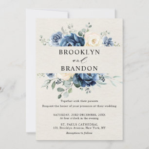 Convite Dusty Blue Marinho Champagne Ivory Floral Wedding 