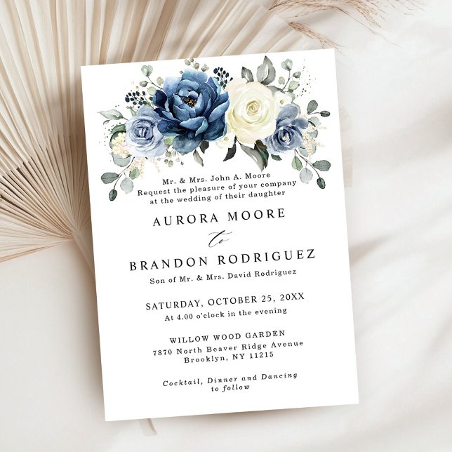 Convite Dusty Blue Marinho Champagne Ivory Floral Wedding  (Dusty Blue Navy Champagne Ivory Floral Wedding Invitation)