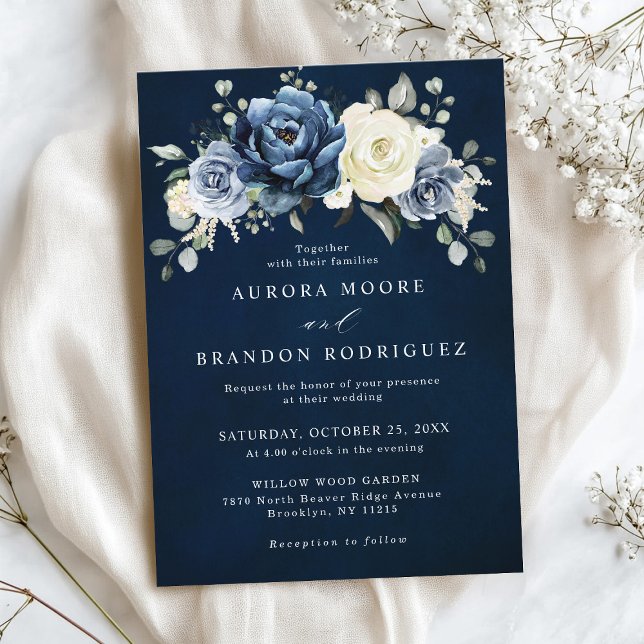 Convite Dusty Blue Marinho Champagne Ivory Floral Wedding  (Dusty Blue Navy Champagne Ivory Floral Wedding Invitation)