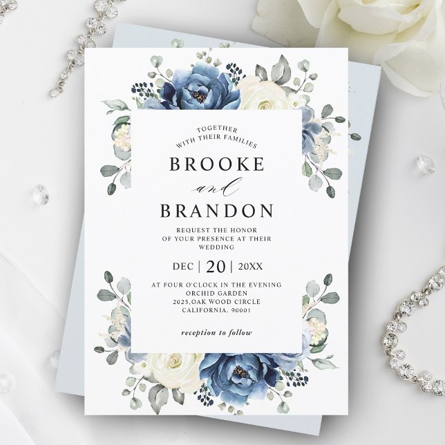 Convite Dusty Blue Marinho Champagne Ivory Floral Wedding  (Dusty blue Ivory floral wedding invitation)