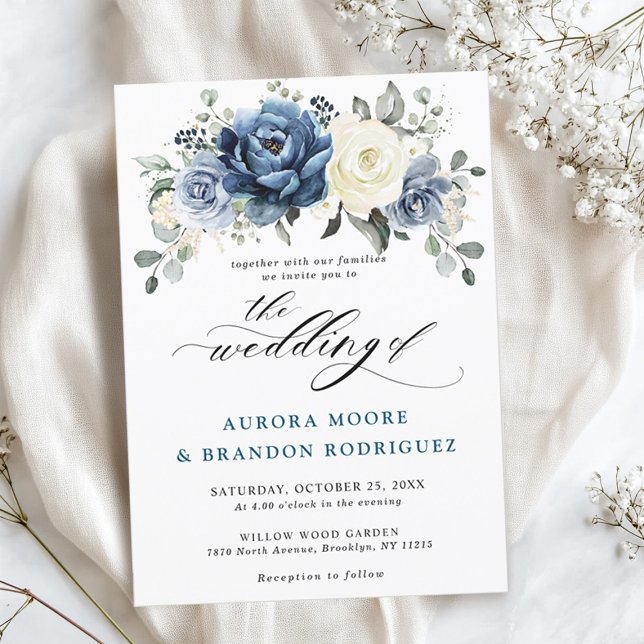 Convite Dusty Blue Marinho Champagne Ivory Floral Wedding  (Dusty Blue Navy Champagne Ivory Floral Wedding Invitation)