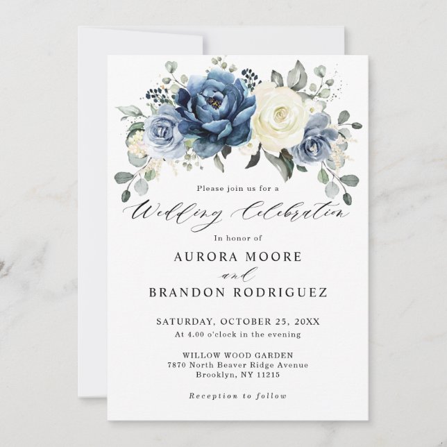 Convite Dusty Blue Marinho Champagne Ivory Floral Wedding  (Frente)