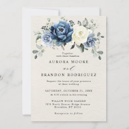 Convite Dusty Blue Marinho Champagne Ivory Floral Wedding 