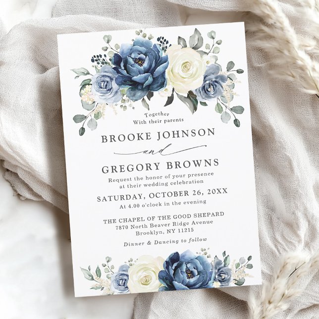 Convite Dusty Blue Marinho Champanhe Ivory Floral Casament (Dusty Blue Navy Champagne Ivory Floral Wedding Invitation)