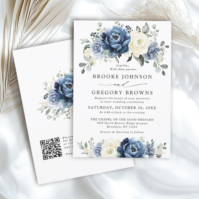 Convite Dusty Blue Marinho Ivory Floral Boho Casamento Cód (Dusty Blue Navy Ivory Floral Boho Wedding QR Code Invitation)