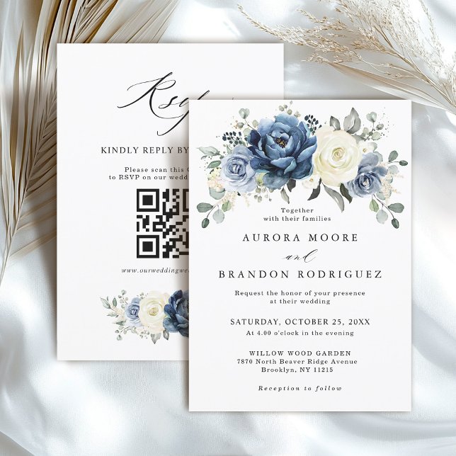 Convite Dusty Blue Marinho Ivory Floral Boho Casamento Cód (Dusty Blue Navy Ivory Floral Boho Wedding QR Code Invitation)