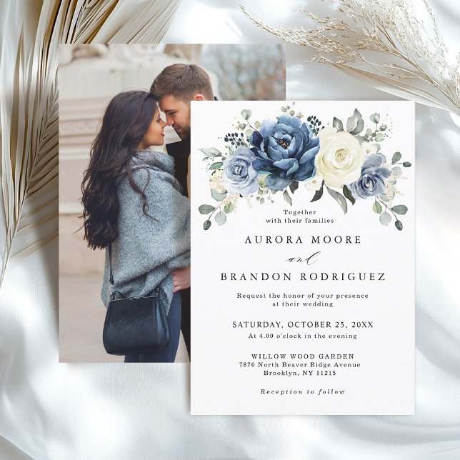 Convite Dusty Blue Marinho Ivory Floral Boho Casamento Cód (Dusty Blue Navy Ivory Floral Boho Wedding Photo back Invitation)