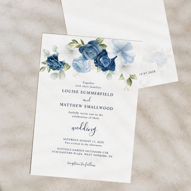 Convite Dusty Blue Marinho Script Floral Casamento (Dusty Blue Floral Script Modern Wedding Invitation)