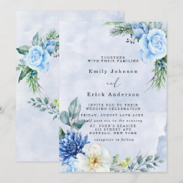 Convite Dusty Blue Marinho Watercolor Peonies Casamento