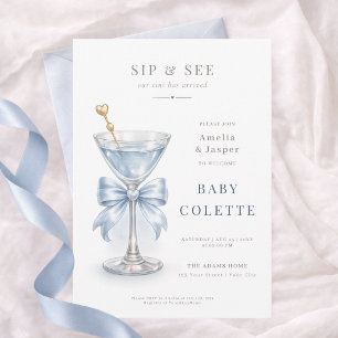 Convite Dusty Blue Martini Coquette Baby Boy Sip and See