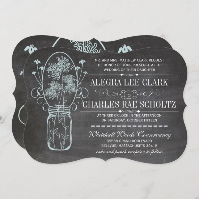 Convite Dusty Blue Mason Jar Chalkboard Casamento (Frente/Verso)