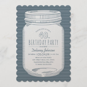 Convite Dusty Blue Mason Jar Rustic aniversário de 40 anos