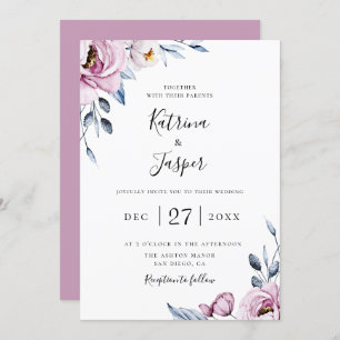 Convite Dusty Blue Mauve Floral Wedding